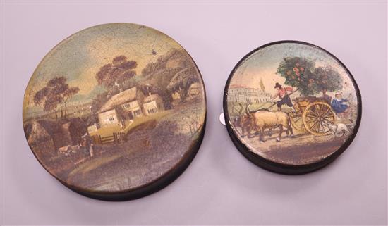 Two 19th century papier mache snuff boxes largest diameter 7cm